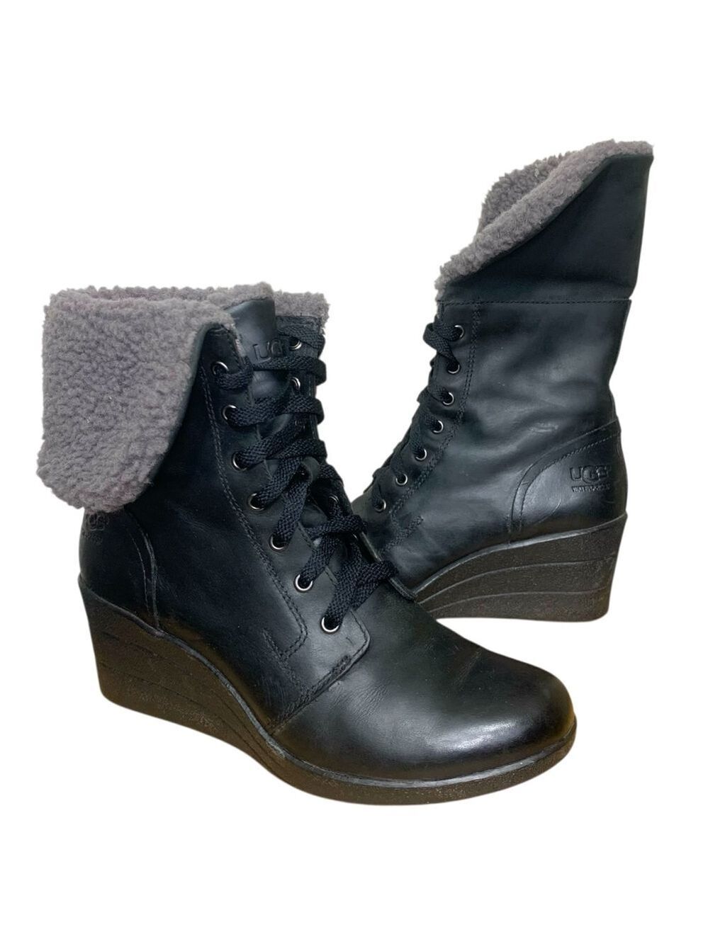 UGG Zea Black Leather Wedge Boots Sz 8 Waterproof Lace up Foldable Wool Collar